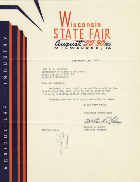 Letterhead of the Wisconsin State Fair, with fair information in fonts of varying sizes and styles, as well as red and blue bars on the left-hand side of the page with the words, "Agriculture" and "Industry".