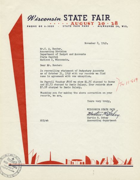 Letterhead for the Wisconsin State Fair, with a landscape of red abstract shapes along the bottom and left-hand side of the page.