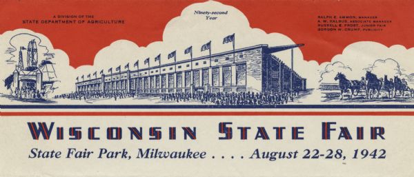 Letterhead for the Wisconsin State Fair, with vignettes of crowds around the fair gateway, an exhibition hall, and a scene of horse-drawn cart racing.