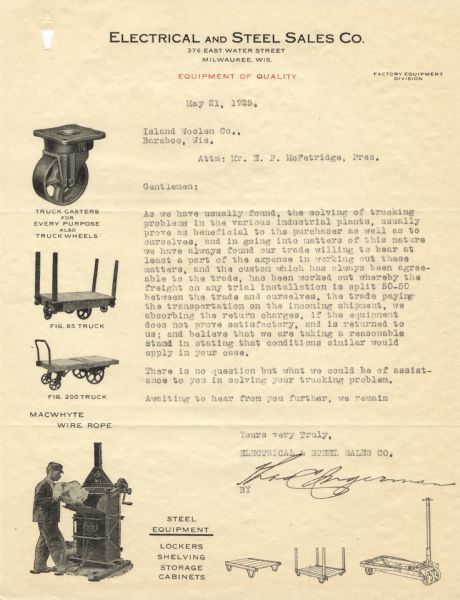 Letterhead for the Electrical and Steel Sales Co., with black and white photographs of examples of the company's steel products, such as casters, dollies, and a waste receptacle along the left-hand side of the page.