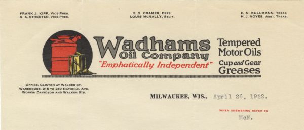 Letterhead of the Wadhams Oil Company, with an illustration of various red and yellow oil containers against a black circle. The motto, "Emphatically Independent," is printed in red ink.