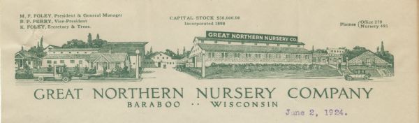 Memohead of the Great Northern Nursery Company, with a street view of the company office building and apple cellar. Residential buildings, trucks, automobiles, and possibly a warehouse are visible. Printed in green ink.