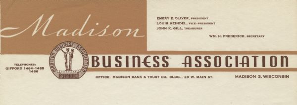 Letterhead of the Madison Business Association, with the association seal featuring "Forward," the statue on top of the State Capitol dome.