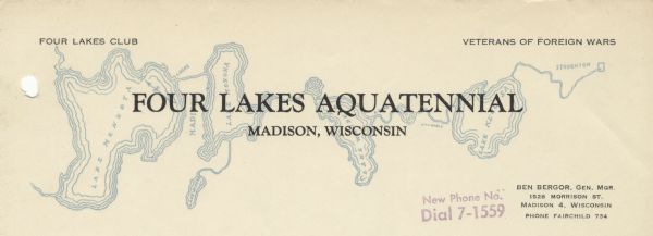 Letterhead of the Four Lakes Aquatennial, sponsored by the Four Lakes Club and the Veterans of Foreign Wars, with a background illustration of the chain of four lakes (Kegonsa, Waubesa, Monona, and Mendota).