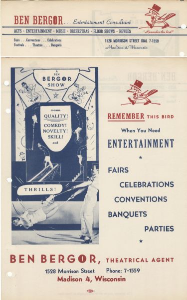 Ben Bergor letterhead, promoting Bergor as a theatrical agent and entertainment consultant, with a cartoon of a bird wearing a top hat and a bow tie, and carrying a cane ("Remember this bird!"). Illustrated examples of available acts on the reverse side are shown below the letterhead.
