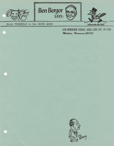 Letterhead of Ben Bergor, with illustrations of theatrical masks, Bergor's head, his "Remember this bird!" symbol, and a cartoon of Bergor at the bottom of the page.