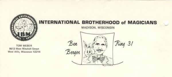 Letterhead of Ring 31 of the International Brotherhood of Magicians, with the seal of the IBM and a cartoon by Wayne D. Peterson (?) of Ben Bergor with a rabbit peeking over one shoulder framed by a top hat.