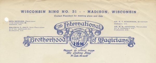 Letterhead of Ring 31 of the International Brotherhood of Magicians, with the seal of the IBM and its name as segments of a scrolling banner.
