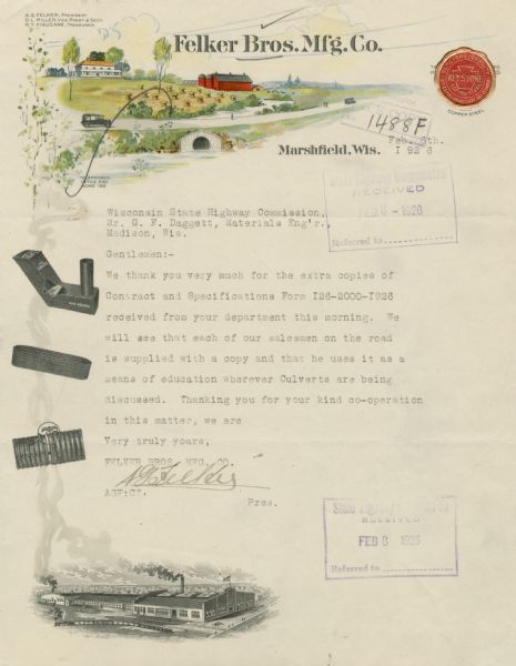 Letterhead of the Felker Brothers Manufacturing Company. At the top is a color illustration of a landscape with a red barn, a farmhouse, silos, and a culvert beneath the roadway. On the top right is an embossed seal for "keystone copper steel." Along the left side are black and white illustrations of steel casing and parts, and at the bottom of the page is a three-quarter view of the company building.