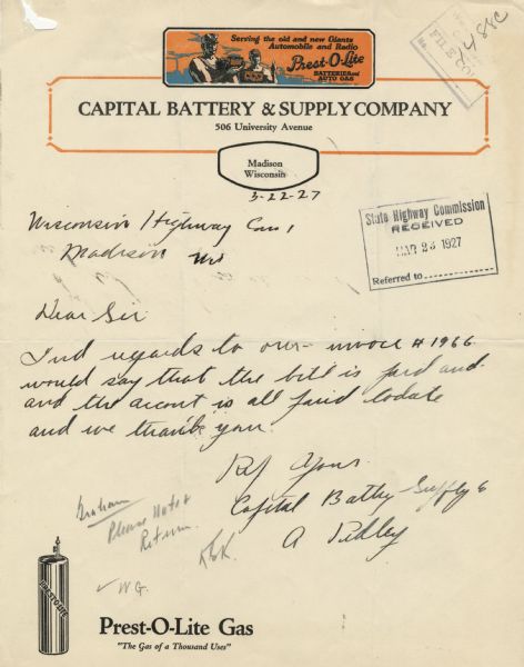 Letterhead of Capital Battery and Supply Company, with two men in winged hats, one holding an automobile, the other a box radio, and the slogan, "Serving the old and new Giants Automobile and Radio," plus an illustration of a canister of Prest-O-Lite Gas in the lower left-hand corner.
