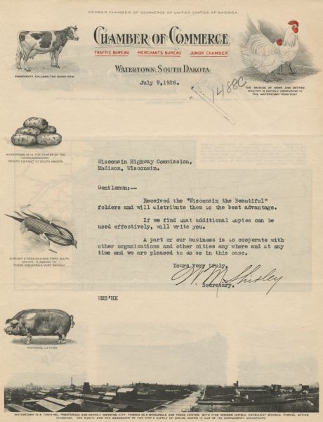 Letterhead of the Watertown Chamber of Commerce, with spot illustrations around the page of a dairy cow, potatoes, an ear of corn, a "mortgage lifter" hog, chickens, and a skyline view of the city at the bottom of the page.