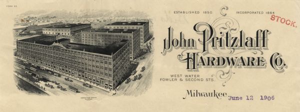 Letterhead of the John Pritzlaff Hardware Company, with an elevated three-quarter view of the company building.