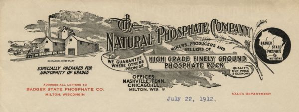Letterhead of the Natural Phosphate Company, with an illustration of the mechanical dryer plant and a roundel with an outline of the state of Wisconsin that reads, "Badger State Phosphate Co, Milton Wis".