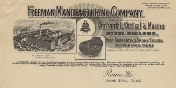 Letterhead of the Freeman Manufacturing Company, with a panel with an elevated view of the company complex, including the warehouse; foundry; and boiler, implement, and pattern shops; and a panel with a view of a single steel boiler.