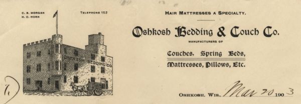 Letterhead of the Oshkosh Bedding & Couch Company, with a three-quarter view of the company building, with a turret and a crenellated roofline on one side.