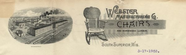 Letterhead of the Webster Manufacturing Company, with an elevated view of the company complex on the left, and a single rocking chair on the right.