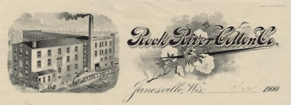 Memohead of the Rock River Cotton Company, with an elevated three-quarter view of the company building on the left, and a branch of the cotton plant with bolls of cotton entwined with the name of the company on the right.