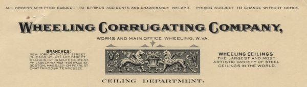 Letterhead of the Ceiling Department of the Wheeling Corrugating Company, with a decorative panel with a pair of griffins facing one another on either side of an urn.