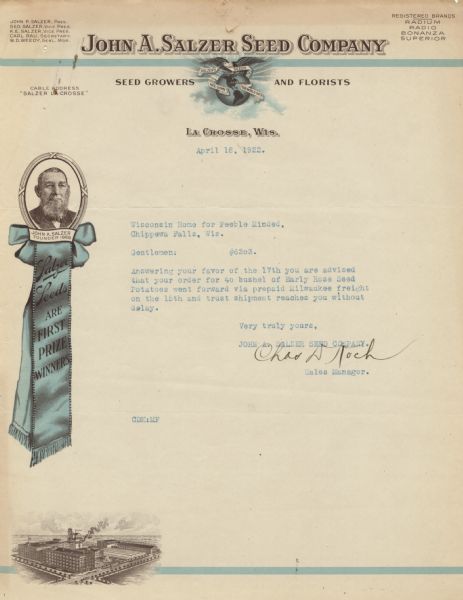 Letterhead of the John A. Salzer Seed Company, with an eagle atop a globe holding a banner that proclaims, "Salzer's Seeds Are Sown the World Over," an oval portrait of founder John A. Salzer with a suspended blue ribbon that reads, "Salzer Seeds are First Prize Winners," and an elevated three-quarter view of the company complex.