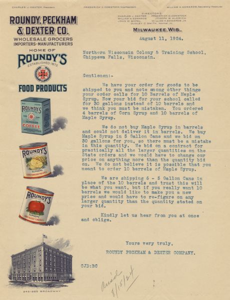 Letterhead of the Roundy, Peckham & Dexter Company, with color illustrations of three Roundy's products: a package of coffee, and cans of pineapple and tomatoes; and a three-quarter view of the company building.
