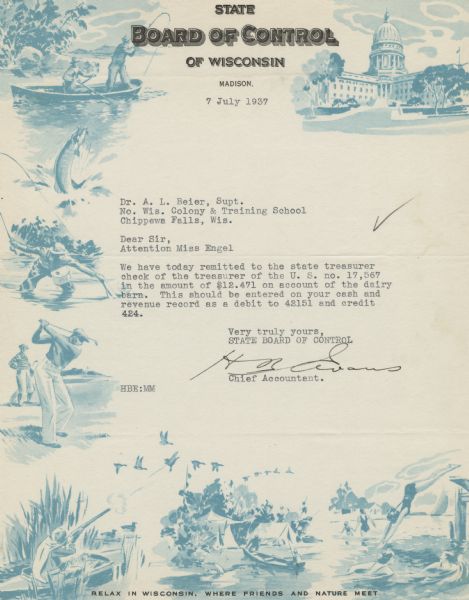 Letterhead of the State Board of Control, with vignettes, printed in blue ink, of various recreational scenes: fishing, playing golf, game bird hunting, and swimming and diving; as well as a view of the Capitol building. The legend at the bottom of the page reads, "Relax in Wisconsin, where friends and nature meet".