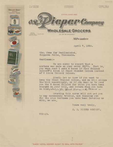 Letterhead of the O.R. Pieper Company, with a left-hand side bar with color illustrations of "Bright-Spot" brand canned foods: various fruits and vegetables, salmon, and Rex salad oil. The legend at the bottom of the page reads, "Every Hotel Keeper-Ought to Deal with Pieper".