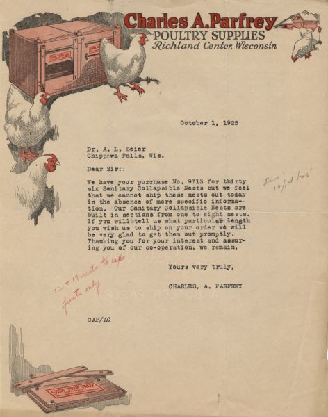 Letterhead of the Charles A. Parfrey Poultry Supplies company, with hens surrounding a double Sure Trip Trap poultry cage, a view of farm buildings in the distance, and a folded flat cage in the bottom lower left-hand corner. Printed in black ink with red accents.