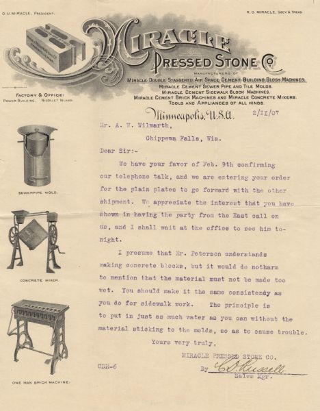 Letterhead of the Miracle Pressed Stone Company, with a three-quarter view of a cement building block, nestled in the curve of the decorative capital "M" of the company name. Along the left-hand side, are illustrations of a sewerpipe mold, a concrete mixer, and a one man brick machine.