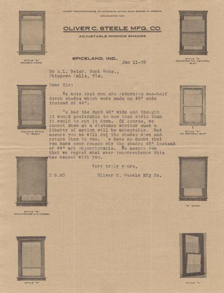 Letterhead of the Oliver Steele Manufacturing Company, with examples of various styles of adjustable window shades along both sides of the page.