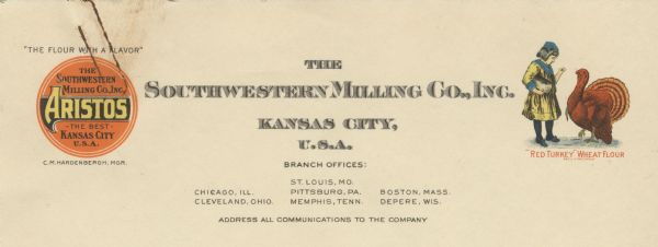 Letterhead of the Southwestern Milling Company, with the company logo for premium Aristos flour ("The Flour with a Flavor") on the left and a girl feeding a large red turkey ("'Red Turkey' Wheat Flour") on the right.