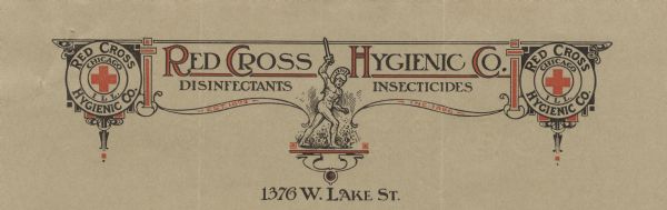 Letterhead of the Red Cross Hygienic Company, distributor of disinfectants and insecticides, with the company's circular logo with a red cross in the center and a classical figure in a helmut brandishing a sword with his upraised arm.