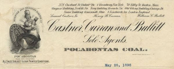 Letterhead for Pocahontas Coal, distributed by Castner, Curran and Bullitt, sole agents, with its registered trademark of a seated figure of Pochontas wearing a feathered headdress and a quiver of arrows strapped to her back. She holds a shield resting on the ground that reads, "Pocahontas Flat Top Coal."