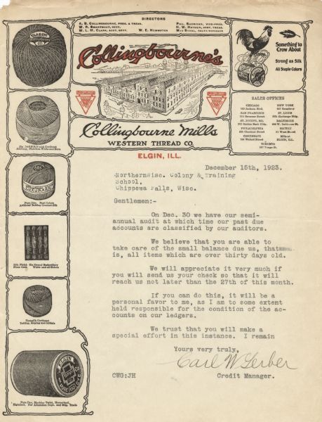 Letterhead of Collingbourne Mills Western Thread Company, with a bird's eye view of the company complex, flanked by examples along the left-hand side of the page of its various thread products, such as cotton cord, tatting and crochet silk, embroidery floss, and sewing thread; and a crowing rooster perched atop a spool of thread with the motto, "Something to Crow About."