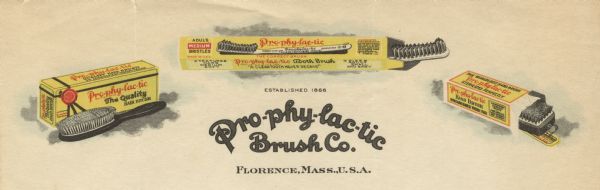 Letterhead of the Prophylactic Brush Company, with examples of a hair brush, a tooth brush, and a hand brush, in or alongside the boxed packaging.