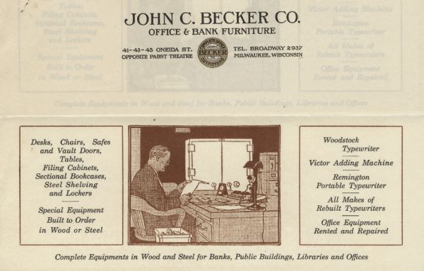 Letterhead of the John C. Becker Company, manufacturers of office and bank furniture and office equipment outfitters, with an overlay with the company name and address information over an illustration of a man sitting at his desk looking over a document. A vault and a filing cabinet are visible in the background, and the illustration is flanked by lists of the types of products offered.