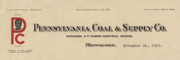 Letterhead of the Pennsylvania Coal & Supply Company, with the company trademark: the initials "P" and "C" printed in red ink, and a head and shoulders image of an African American boy in the loop of the letter "P."