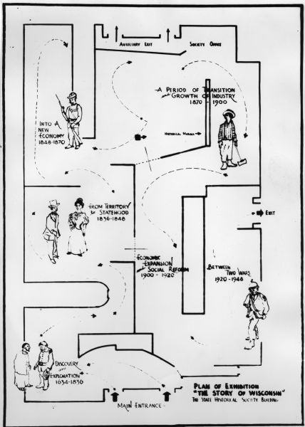 Floor plan of the Wisconsin Historical Society's "Story of Wisconsin" exhibit at the Wisconsin Centennial Exposition.