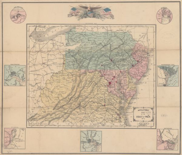 A general map of Pennsylvania, Virginia, New Jersey and Delaware. Insets include maps of New Orleans, Baltimore, St. Louis, Charleston, Savannah, Washington City, and Mobile.<p>In margin: New Orleans; Baltimore; St. Louis; Charleston; Savannah; Washington City; Mobile.
