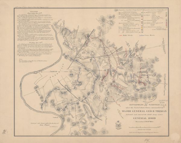 (U.S. 39th Cong. 1stt Sess. Report of Chief engineer)

The legend in the upper left corner contains a brief resume of each day's action while the map shows troop positions, roads, railroads, hachures, drainage, vegetation, and rural houses. Streets and houses of Nashville are not indicated. The 8th Wisconsin Infantry, 14th Wisconsin Infantry, 24th Wisconsin Infantry, 33rd Wisconsin Infantry, 44th Wisconsin Infantry, and 45th Wisconsin Infantry regiments and 6th Wisconsin Light Artillery battery participated in the Battle of Nashville.