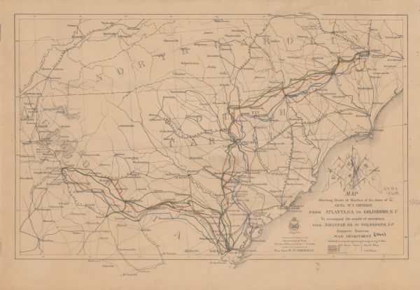This map shows the routes of the cavalry and of the 14th, 15th, 17th, and 20th Army Corps Atlanta, Ga., to Goldsboro, N.C., during February and March, 1865. Depicted are roads, railroads, cities and towns, and rivers. Wisconsin troops involved in the Campaign of the Carolinas included the Eighth Wisconsin Infantry, Eleventh Wisconsin Infantry, Fourteenth Wisconsin Infantry, Twentieth Wisconsin Infantry, Twenty-third Wisconsin Infantry, Twenty-seventh Wisconsin Infantry, Twenty-eighth Wisconsin Infantry, Twenty-ninth Wisconsin Infantry, Thirty-third Wisconsin Infantry, and Thirty-fifth Wisconsin Infantry, and the Fourth Wisconsin Cavalry.