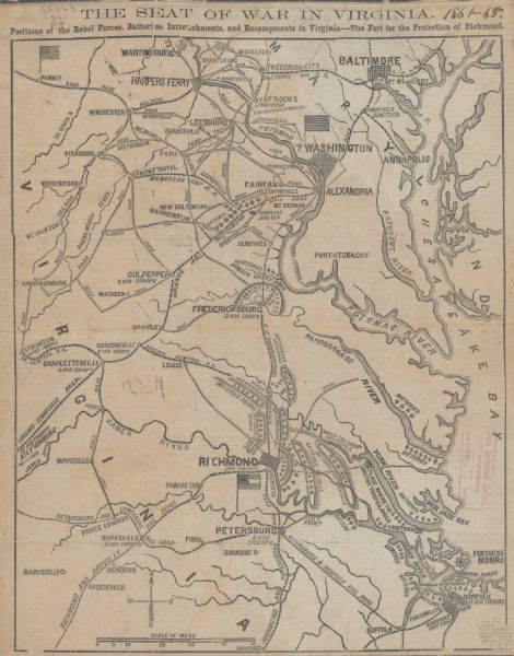 This map of Maryland and Virginia shows railroads, rivers, cities and towns, and the positions of Confederate troops and defenses in Virginia in 1861.