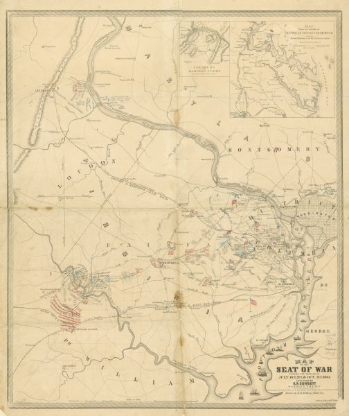 This map shows Manassas during the First Battle of Bull Run, in which the 2nd Wisconsin Infantry fought, and the Leesburg area, the site of the Battle of Ball's Bluff. Roads and railroads, cities and towns, vegetation, drainage, and battery positions are shown. Two insets are included: Leesburg to Harper's Ferry and Map from the mouth of Occoquan River to Richmond showing rebel batteries of the Potomac River. Encampments are colored and an inset map shows Leesburg to Harpers Ferry.