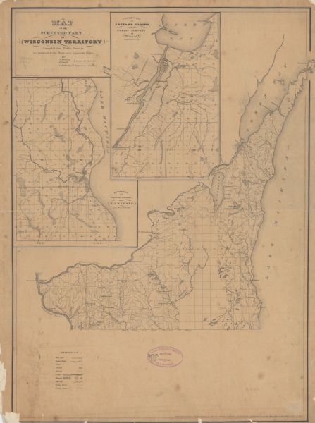 This map of Wisconsin Territory was compiled by public surveys in 1835; it is limited to modern-day southern Wisconsin. Included are two insets – one of the townships of Milwaukee and another showing the connection of private claims with public surveys of Green Bay.