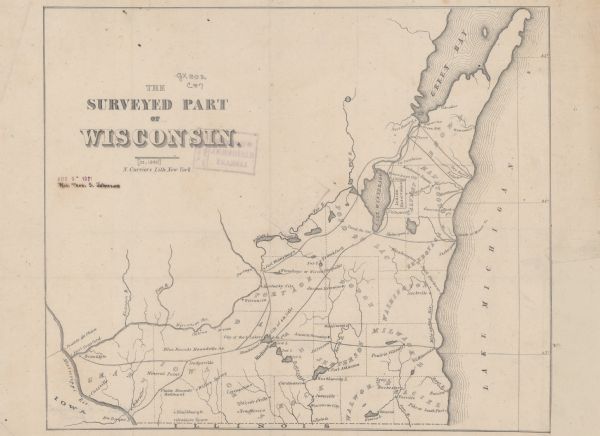 This map shows the portion of Wisconsin south and east of the Wisconsin and Fox rivers. Roads, forts, cities both existing and "planned" and counties are indicated.