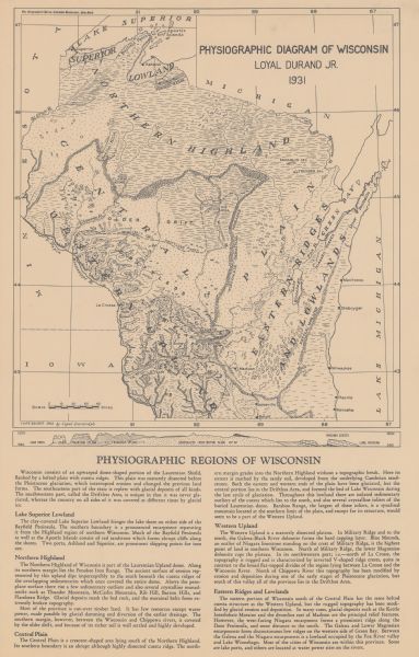 This map shows the physical geography and basic geological features of Wisconsin and includes a geological cross-section from Lake Pepin to Lake Michigan along 44°30' as well as written descriptions of the "Physiographic Regions of Wisconsin."