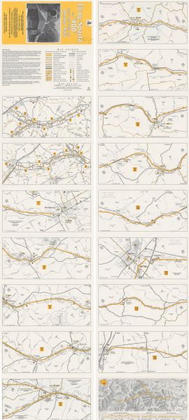 This brochure consists of a series of 16 maps of the Elroy-Sparta State Trail and the 400 State Trail, as well as the Omaha Trail between Sparta and Camp Douglas. In all, 66 miles of bike trails are depicted. The maps show road type, mile markers, groceries, drinking water and many other important points-of-interest.