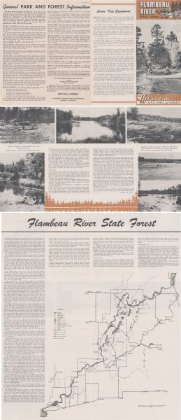 Includes images of Flambeau River State Forest and a description of, canoeing and recreational activities in, and general park and forest information about the state forest. Includes continuation of description on verso. Shows locations of portages, campsites, springs or wells, supplies, fire towers, ranger stations, bridges, falls and rapids, dams, access to landings, resort-cabins, picnic areas, pumps; depicts Flambeau Forest boundaries, trails, scientific areas, town roads, and federal, state, and county highways.