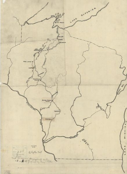 This map depicts the route of the 1842 overland trip by wagon made by the Reverend Alfred Brunson and some copper miners from Prairie du Chien to the mouth of the Bad River on Lake Superior. At the time, there were no roads north of Prairie du Chien and the customary route north was by water, a long and hazardous journey.