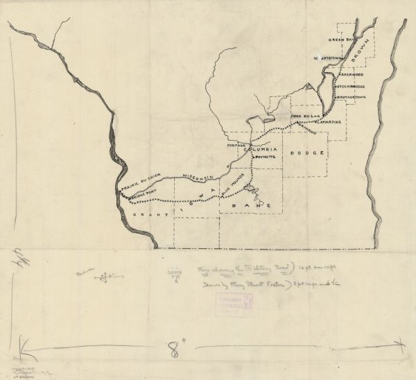 This manuscript map shows route of the early military road in Wisconsin from Green Bay (Fort Howard) through Portage (Fort Winnebago) to Fort Blue Mounds and Prairie du Chien (Fort Crawford).