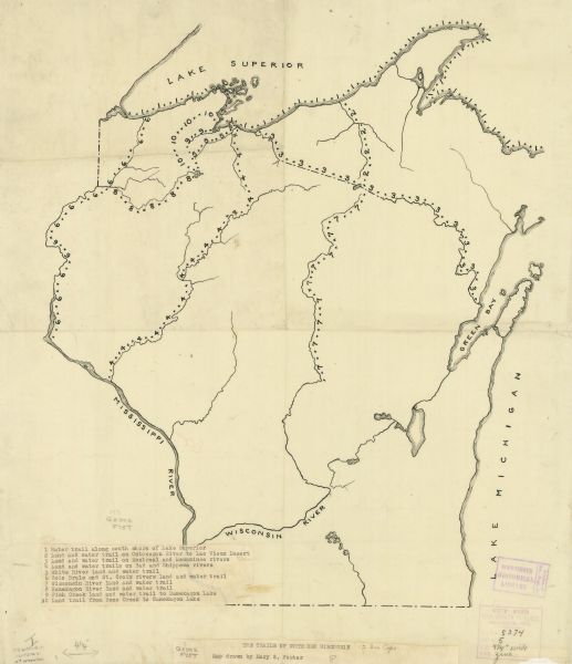 Shows 10 land and water trails along rivers and other bodies of water in northern Wisconsin and the Upper Peninsula of Michigan; each trail numbered and described.